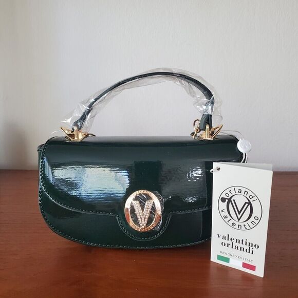 Valentino Orlandi Small Dark Green Crossbody Evening Bag Patent Leather NWT - Picture 1 of 6